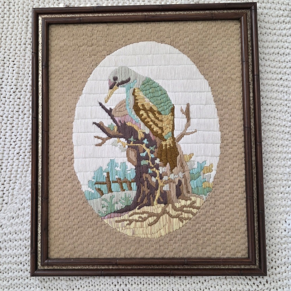 Vintage Framed Needlepoint Art Bird on Branch Embroidery HOme Wall Decor Gallery